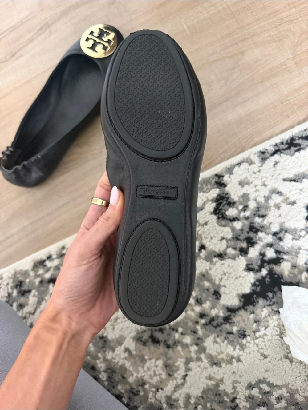 Tory Burch Black Leather Ballet Flats with Gold Logo Medallion